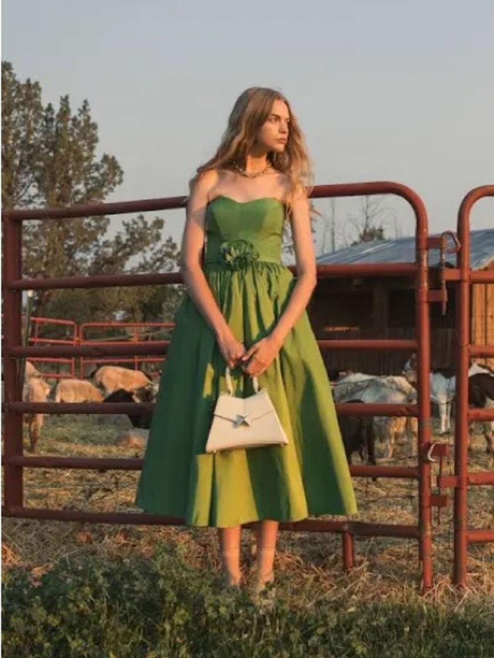 MAC DUGGAL Green Faille Strapless A Line Midi Dress With 3D Rose